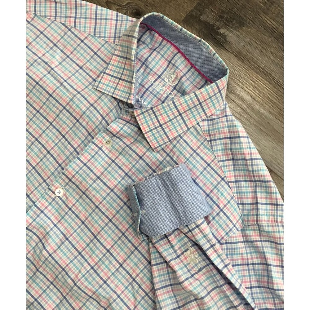 Bugatchi Uomo Mens 16.5 Blue Pink Long Sleeve Button Down Shirt Turn Cuffs